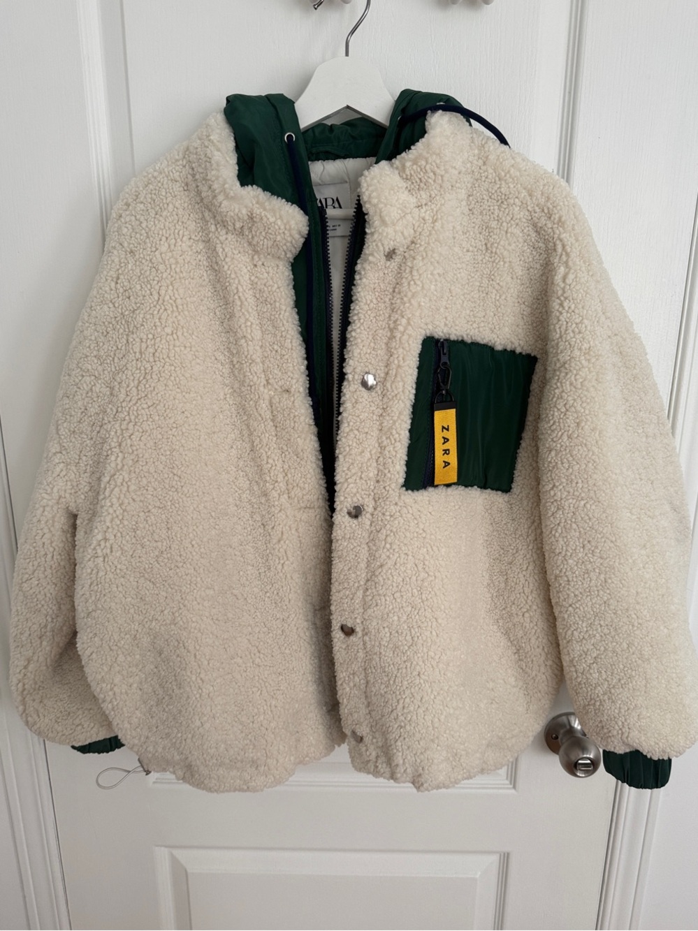Zara Oversized Teddy Fleece Jacket Cream/Green